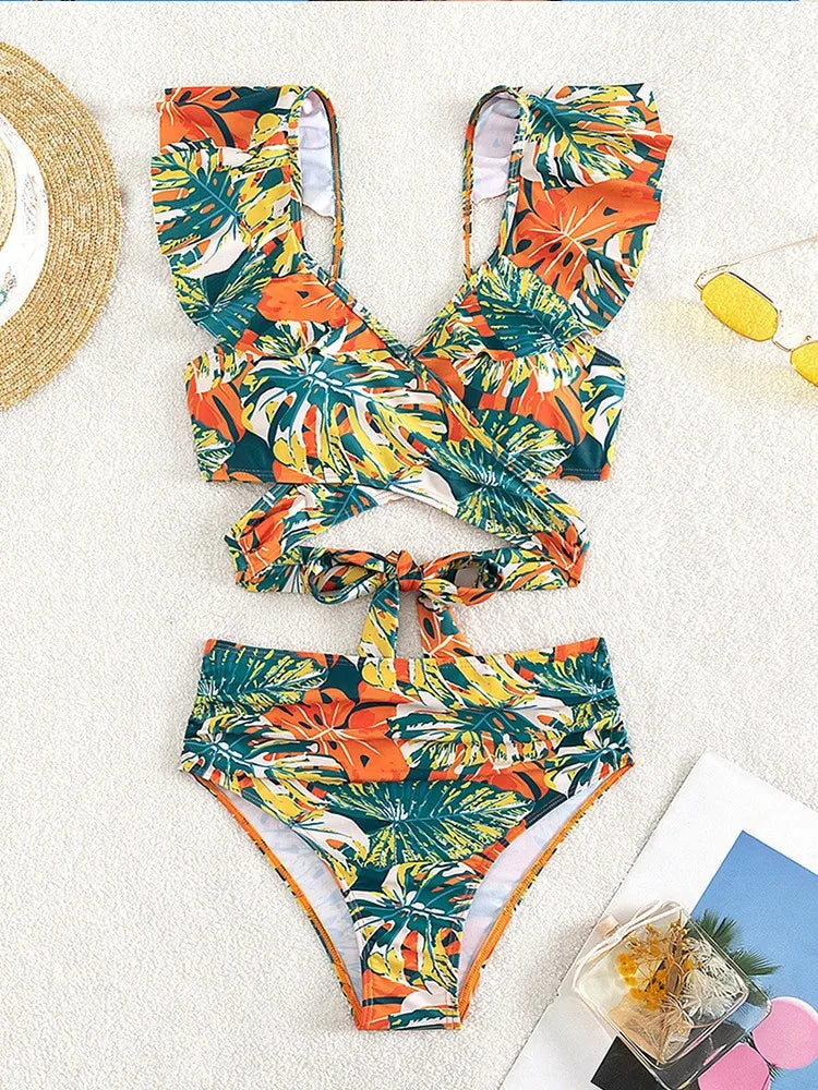 ROVIKNA 2025 New Women Print Summer Push Up Swimwear High Waist Bikini Set Bathing Suit Beachwear Female Holiday Swimsuit Swimming
