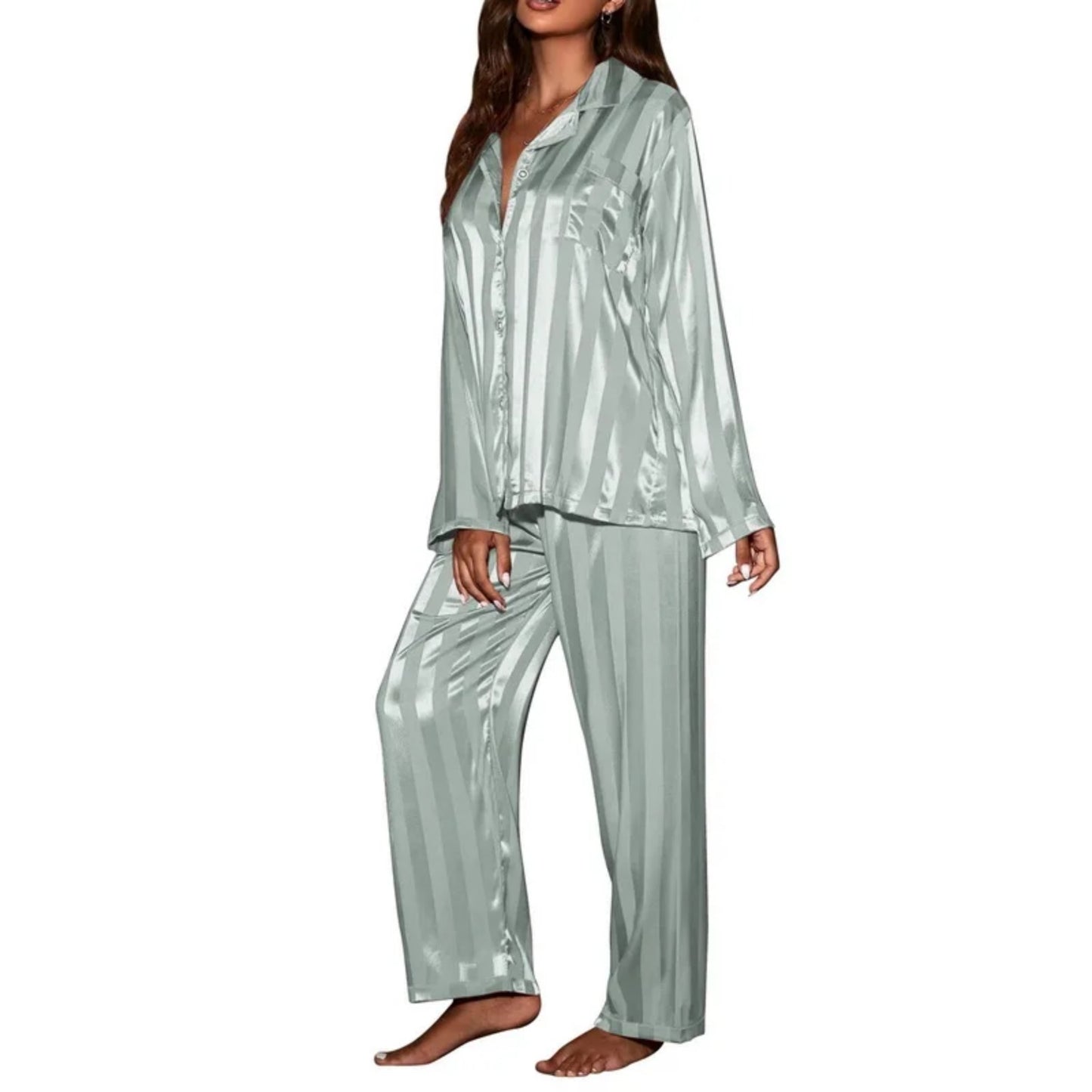 Women's striped pajama set solid French silk satin pajamas two piece set, comfortable home pajamas roupa feminina womens pyjamas