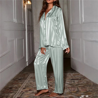 Women's striped pajama set solid French silk satin pajamas two piece set, comfortable home pajamas roupa feminina womens pyjamas