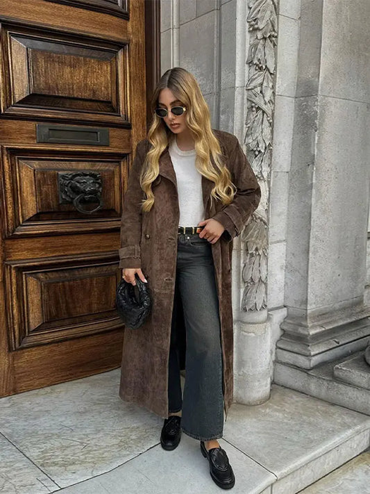 ROVIKNA Fashion Brown Suede Leather Long Jacket Overcoat Women Button down Lapel Oversized Coat 2024 Lady Long Sleeve Winter Outerwears