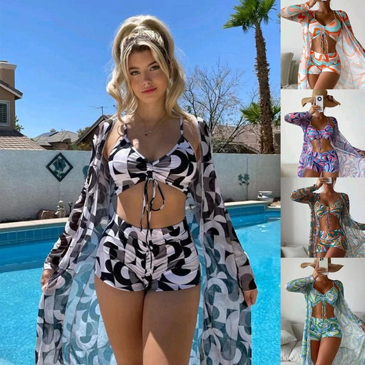 Rovikna 2025 new bikini three-piece digital printing overalls swimsuit Women's Floral Print Three-Piece Swimsuit Set with Cover-Up