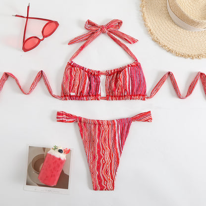 Split print neck double-sided bikini swimsuit