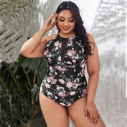 ROVIKNA Plus Size Floral Print Halterneck Swimsuit with Padded Cups