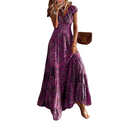 ROVIKNA 2025 Boho chic waist one-piece Long dress Floral print swing dress women's wear