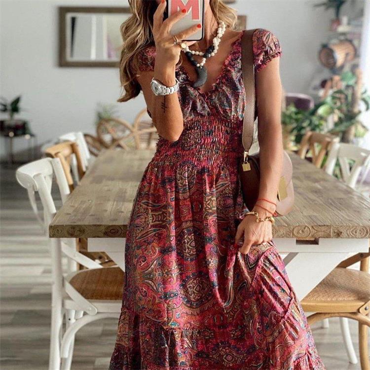 ROVIKNA 2025 Boho chic waist one-piece Long dress Floral print swing dress women's wear