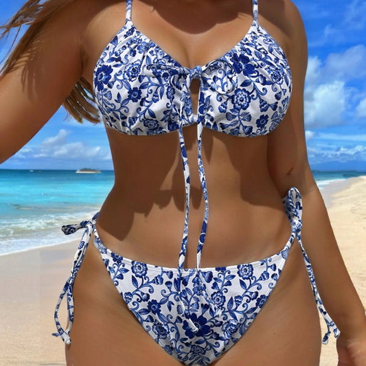 Rovikna Plus Size Floral Print Bikini Set - Adjustable Halter Top & Bottoms