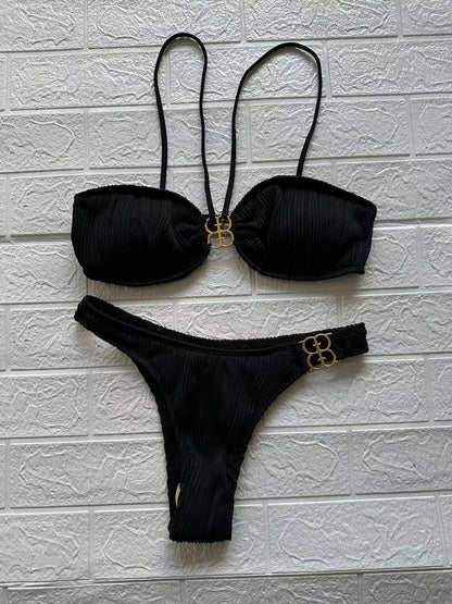 ROVIKNA Women's Ruched Front Bikini Set with Metallic Buckle - Flattering for Small Bust