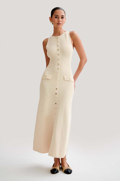 Elegant Sleeveless Button-Up Midi Dress – Chic & Timeless Style