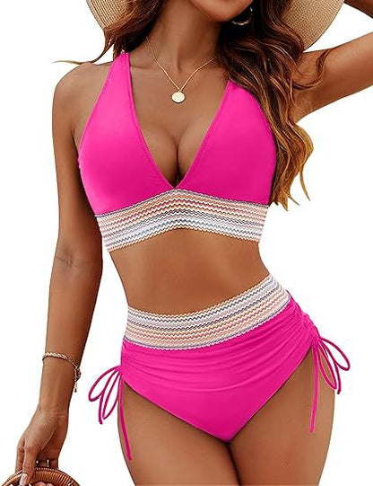 ROVIKNA Women's High-Waist V-Neck String Bikini Set - Boosting Bikini