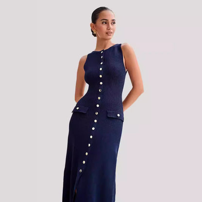 Elegant Sleeveless Button-Up Midi Dress – Chic & Timeless Style