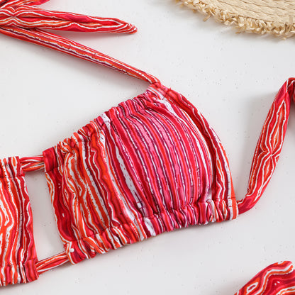 Split print neck double-sided bikini swimsuit