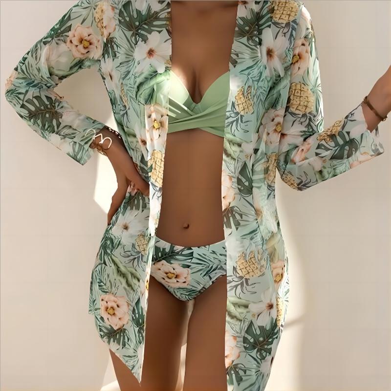 Rovikna Women's Floral Print Three-Piece Bikini Set with Cover-Up
