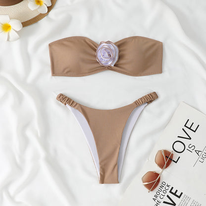 Rovikna Women's Plus Size Floral Accented Bandeau Bikini Set women swimwear