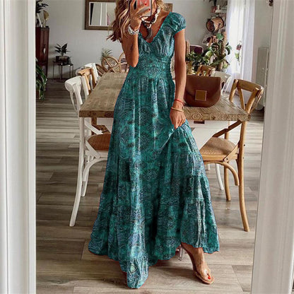 ROVIKNA 2025 Boho chic waist one-piece Long dress Floral print swing dress women's wear