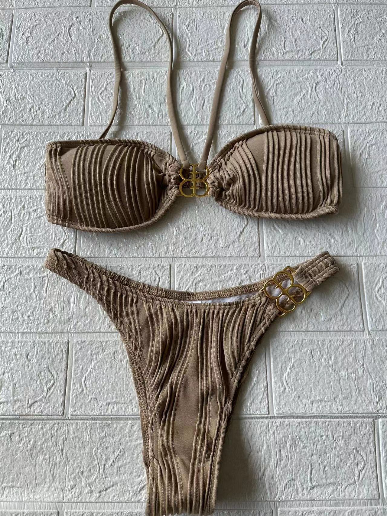 ROVIKNA Women's Ruched Front Bikini Set with Metallic Buckle - Flattering for Small Bust