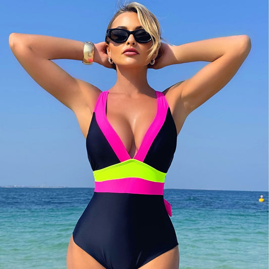 ROVIKNA's 2025 new waist bikini v-neck halter one-piece swimsuit