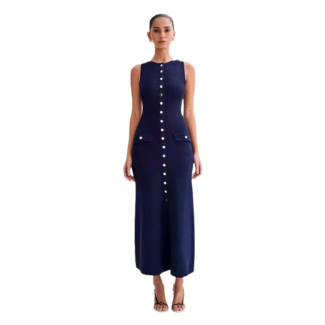 Elegant Sleeveless Button-Up Midi Dress – Chic & Timeless Style