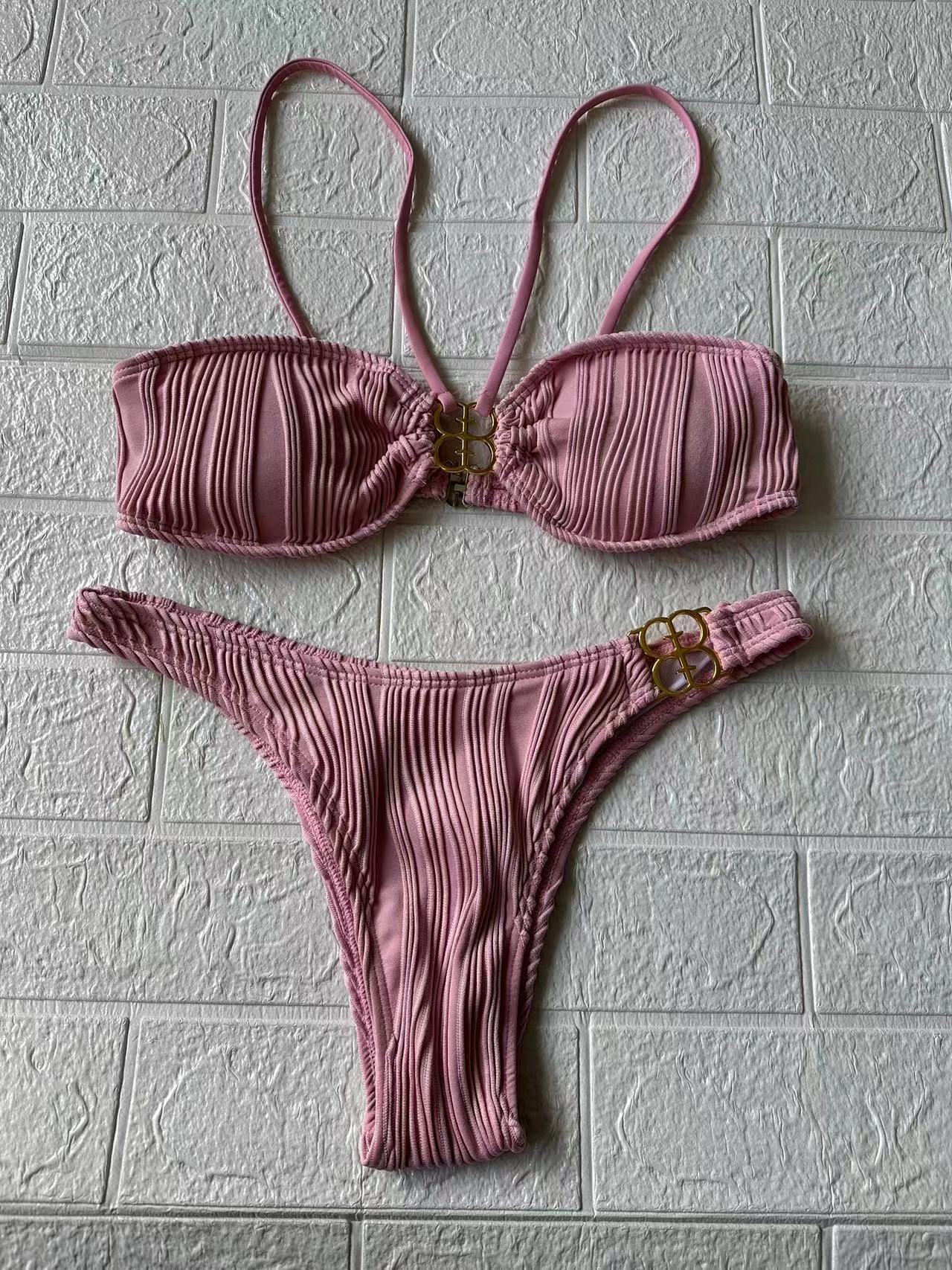 ROVIKNA Women's Ruched Front Bikini Set with Metallic Buckle - Flattering for Small Bust