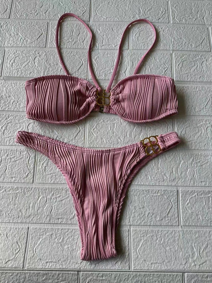 ROVIKNA Women's Ruched Front Bikini Set with Metallic Buckle - Flattering for Small Bust