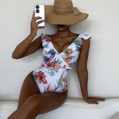Fashion Printed Swimsuit Women's One-Piece Swimsuit Ruffle Leaf Beachwear