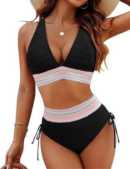 ROVIKNA Women's High-Waist V-Neck String Bikini Set - Boosting Bikini