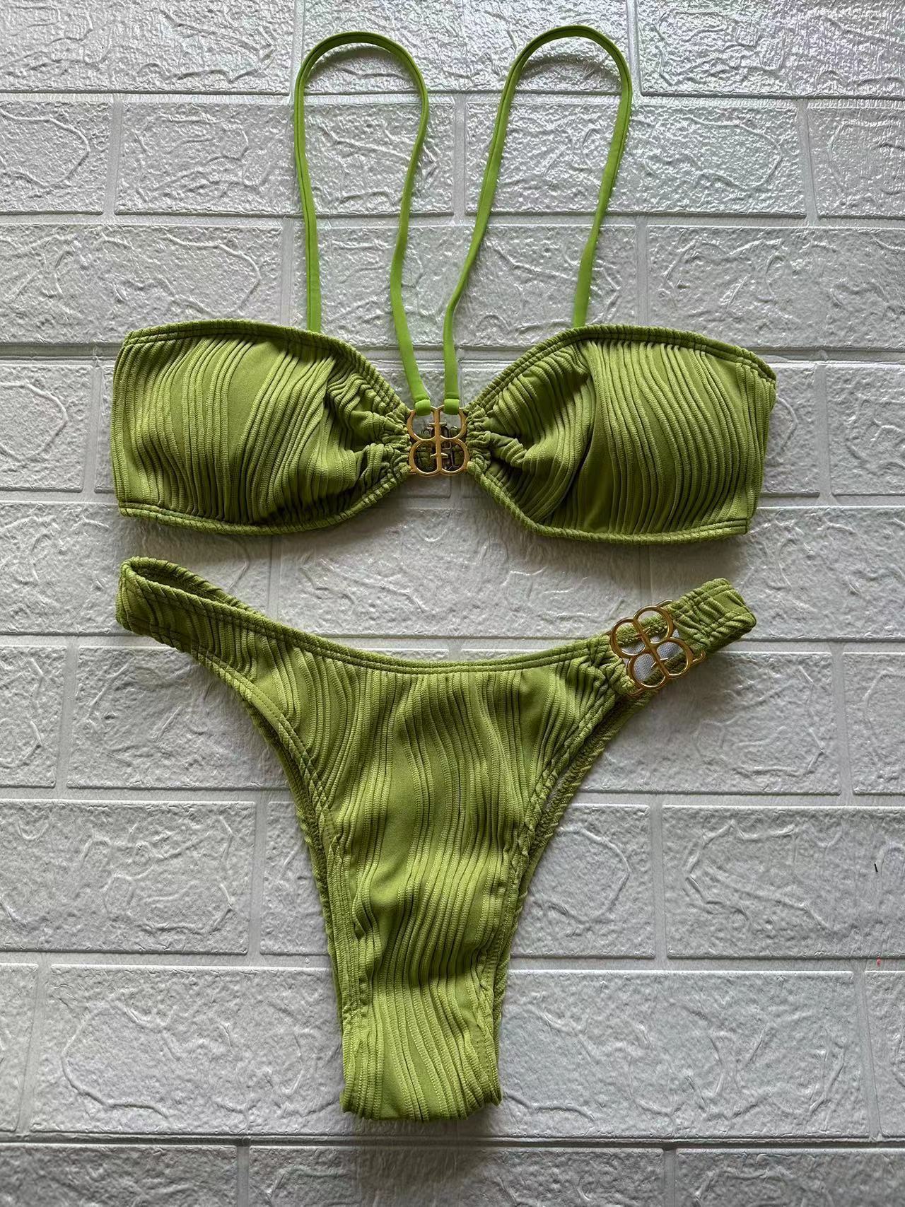 ROVIKNA Women's Ruched Front Bikini Set with Metallic Buckle - Flattering for Small Bust