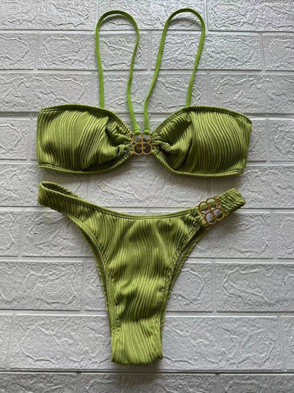 ROVIKNA Women's Ruched Front Bikini Set with Metallic Buckle - Flattering for Small Bust