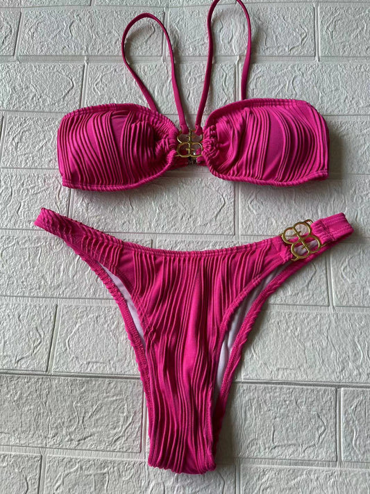 ROVIKNA Women's Ruched Front Bikini Set with Metallic Buckle - Flattering for Small Bust