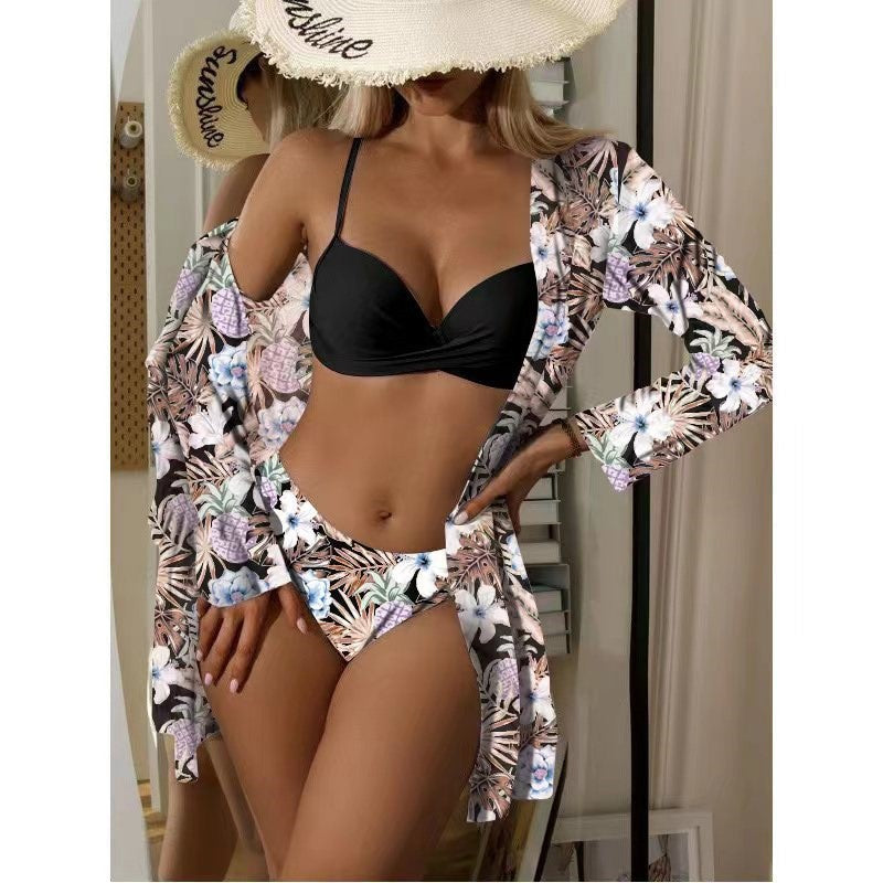 Rovikna Women's Floral Print Three-Piece Bikini Set with Cover-Up