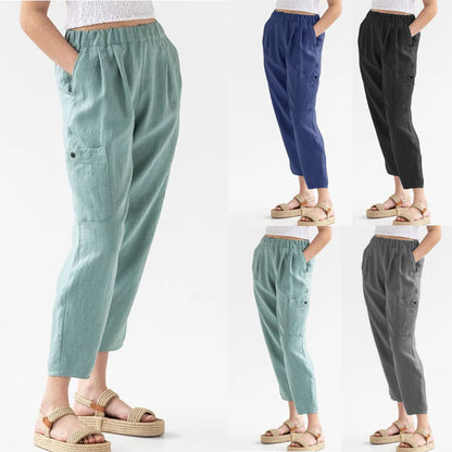 ROVIKNA 2025 Loose type high waist cotton and linen casual pocket casual pants woman