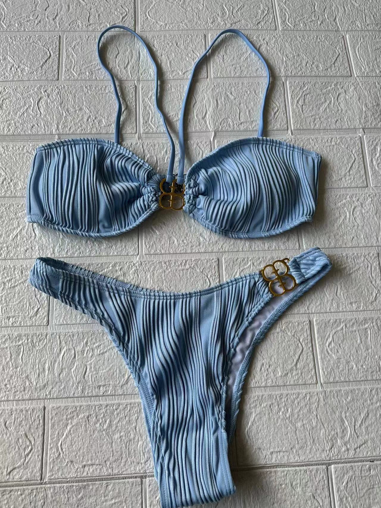 ROVIKNA Women's Ruched Front Bikini Set with Metallic Buckle - Flattering for Small Bust