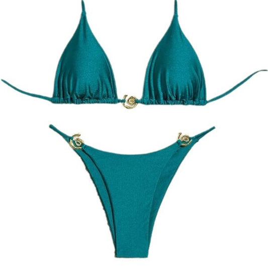 ROVIKNA 2025 new bikini metal ring fine flash premium sexy split bikini solid color swimsuit