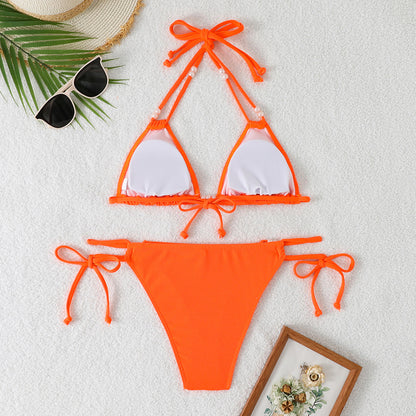 Rovikna Women's Pearl Accented Halter Bikini Set