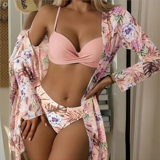 Rovikna Women's Floral Print Three-Piece Bikini Set with Cover-Up