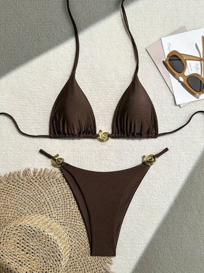 ROVIKNA 2025 new bikini metal ring fine flash premium sexy split bikini solid color swimsuit