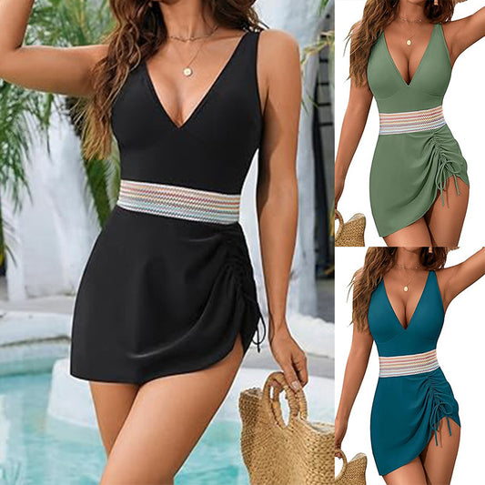 Rovikna Women's Plus Size V-Neck One-Piece Swimsuit with Crochet Detail