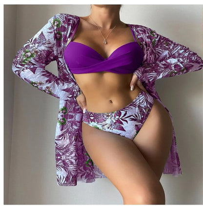 Rovikna Women's Floral Print Three-Piece Bikini Set with Cover-Up