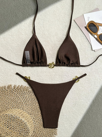 ROVIKNA 2025 new bikini metal ring fine flash premium sexy split bikini solid color swimsuit