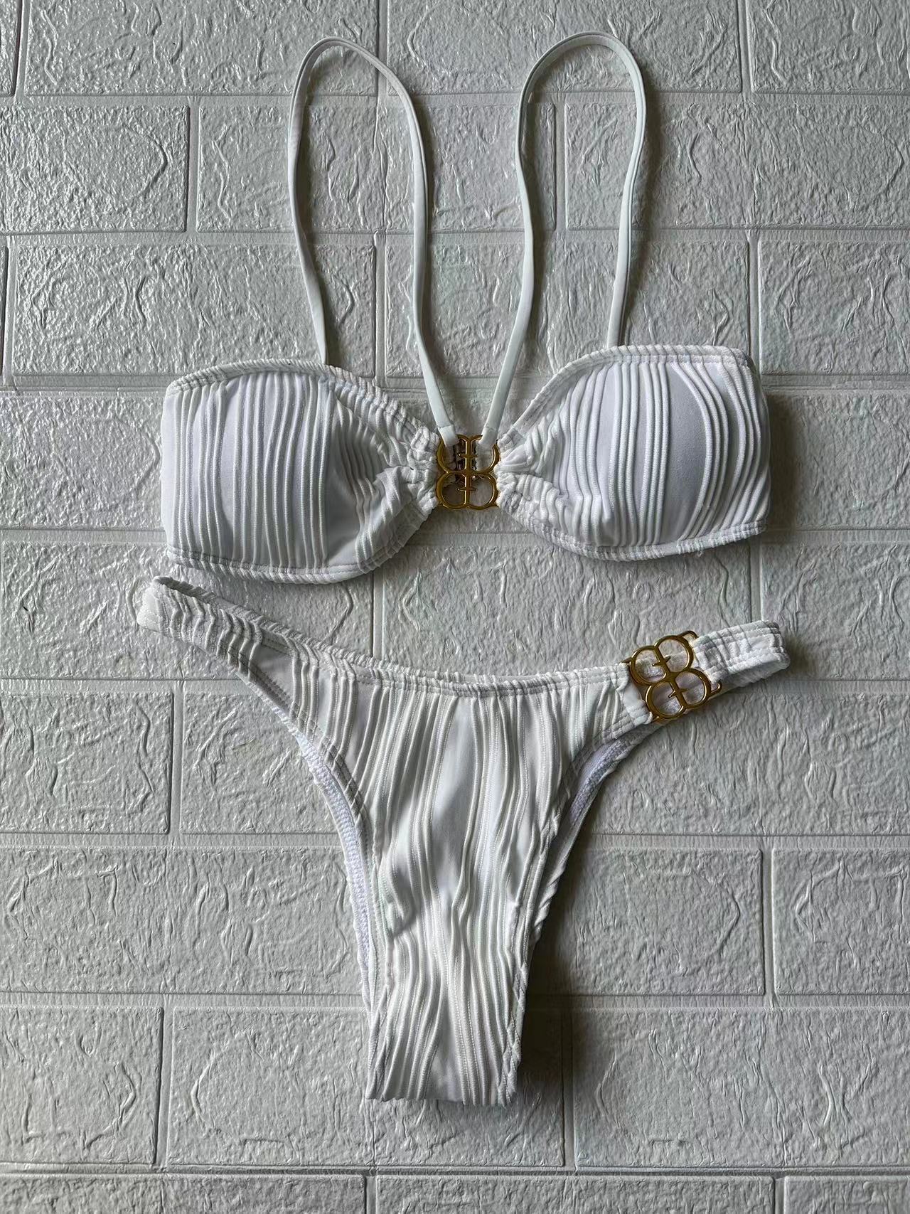 ROVIKNA Women's Ruched Front Bikini Set with Metallic Buckle - Flattering for Small Bust