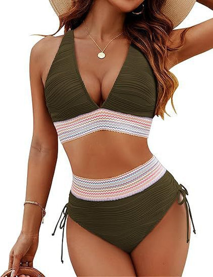 ROVIKNA Women's High-Waist V-Neck String Bikini Set - Boosting Bikini
