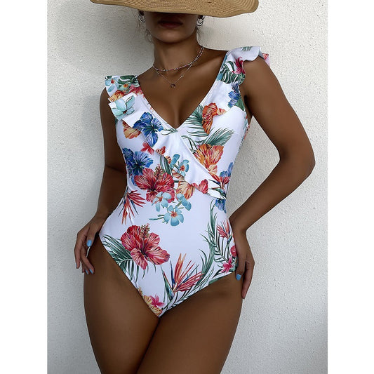 Fashion Printed Swimsuit Women's One-Piece Swimsuit Ruffle Leaf Beachwear