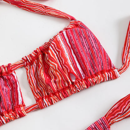 Split print neck double-sided bikini swimsuit