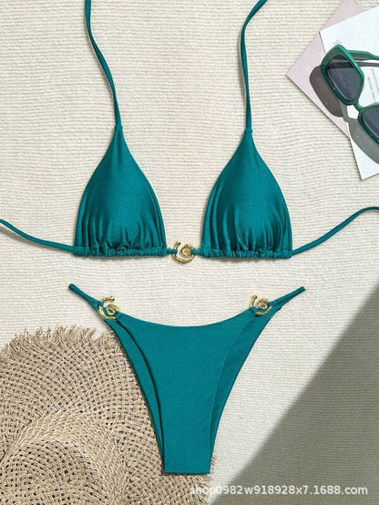 ROVIKNA 2025 new bikini metal ring fine flash premium sexy split bikini solid color swimsuit