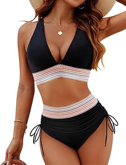 ROVIKNA Women's High-Waist V-Neck String Bikini Set - Boosting Bikini
