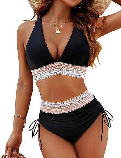 ROVIKNA Women's High-Waist V-Neck String Bikini Set - Boosting Bikini