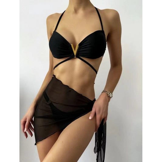 Women's Chic Black Bikini Set with Sarong