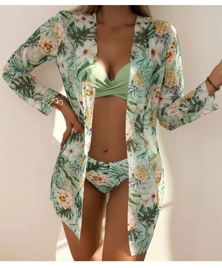 Rovikna Women's Floral Print Three-Piece Bikini Set with Cover-Up