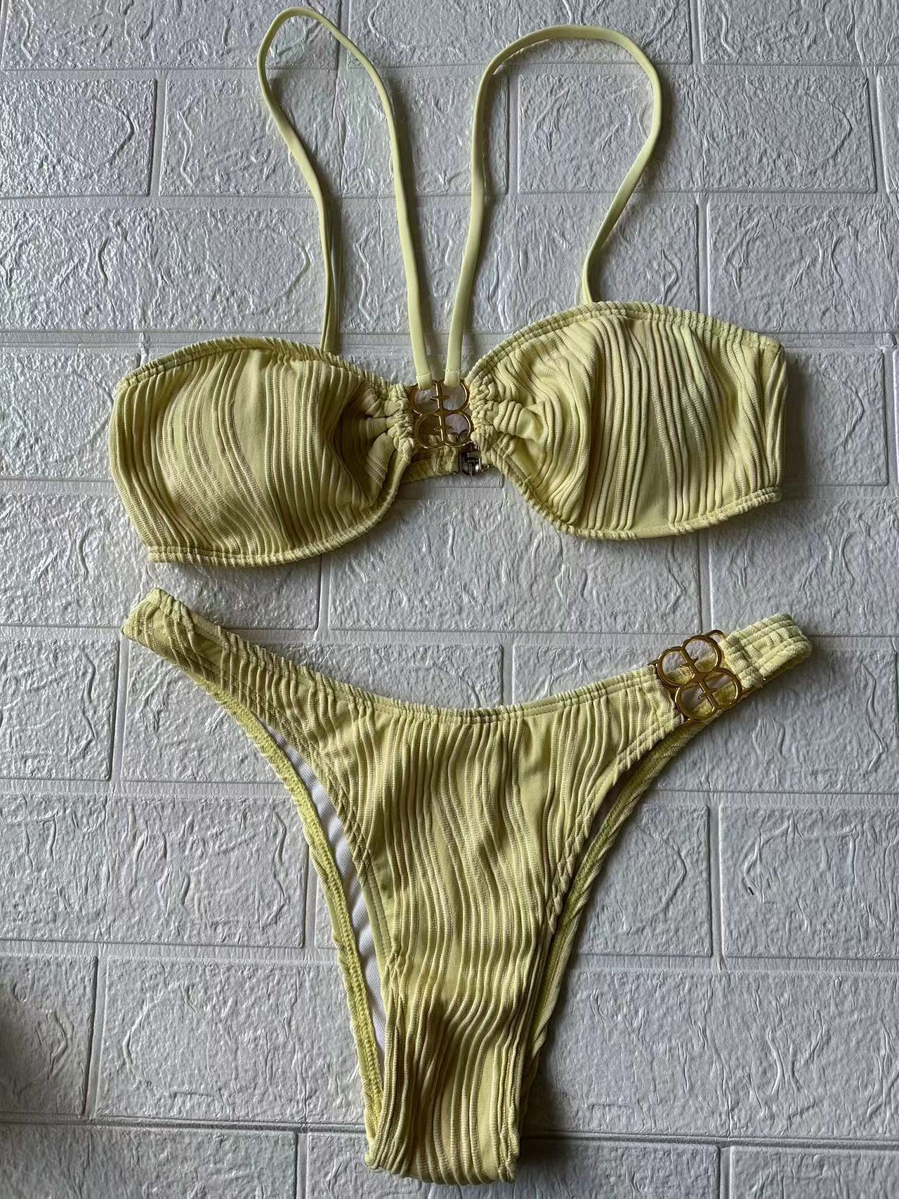 ROVIKNA Women's Ruched Front Bikini Set with Metallic Buckle - Flattering for Small Bust