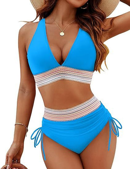 ROVIKNA Women's High-Waist V-Neck String Bikini Set - Boosting Bikini