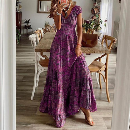 ROVIKNA 2025 Boho chic waist one-piece Long dress Floral print swing dress women's wear